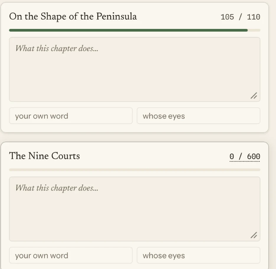 Two chapter cards on Alhora's Board. On the Shape of the Peninsula stands at 105 words of 110, its band green and nearly full; The Nine Courts is at 0 of 600, its band still empty.