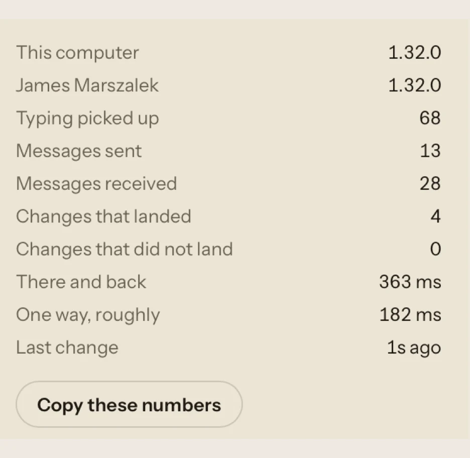 Alhora's “How this session is running” panel: both machines on 1.32.0, typing picked up 68, changes that landed 4, changes that did not land 0, there and back 363 ms — and a button to copy these numbers.