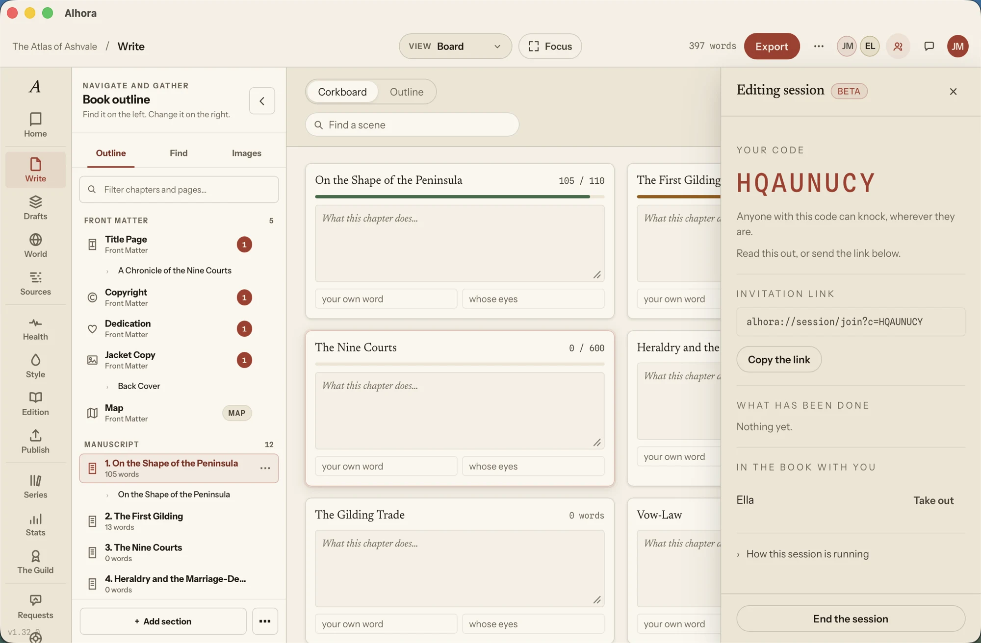 The Alhora window with an editing session open, marked Beta: a code to read out, an invitation link to copy, and Ella listed as in the book with you. The Board waits behind it with its chapter cards.