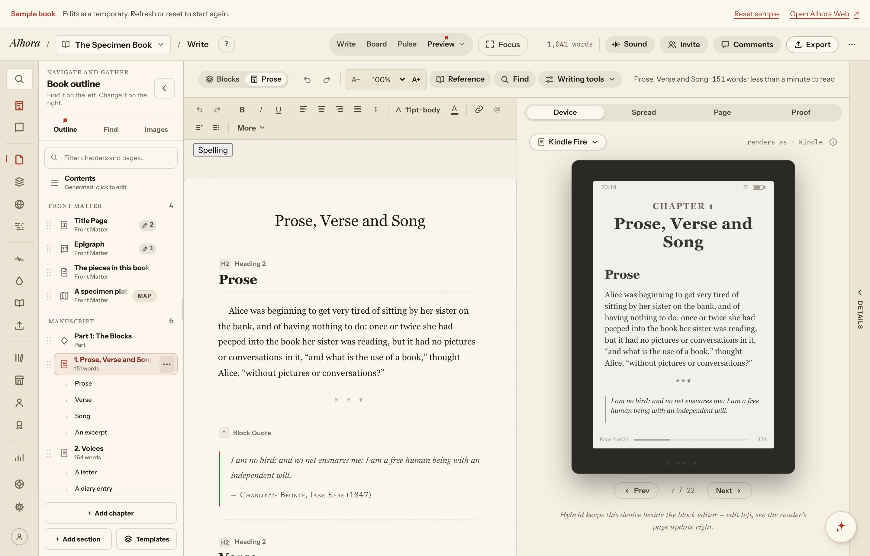 The current Alhora editor: the book outline, manuscript and a live reader preview, using the real Paper and Ink interface.