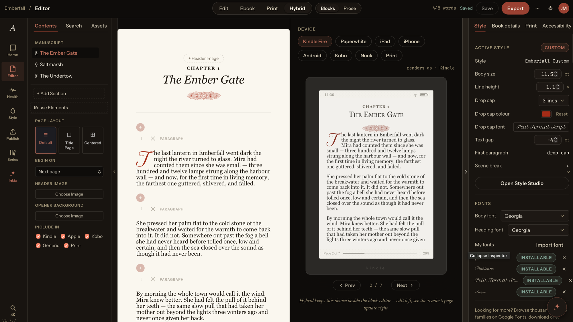 The Alhora three-pane editor: chapter text, a live Kindle preview, and the style inspector.