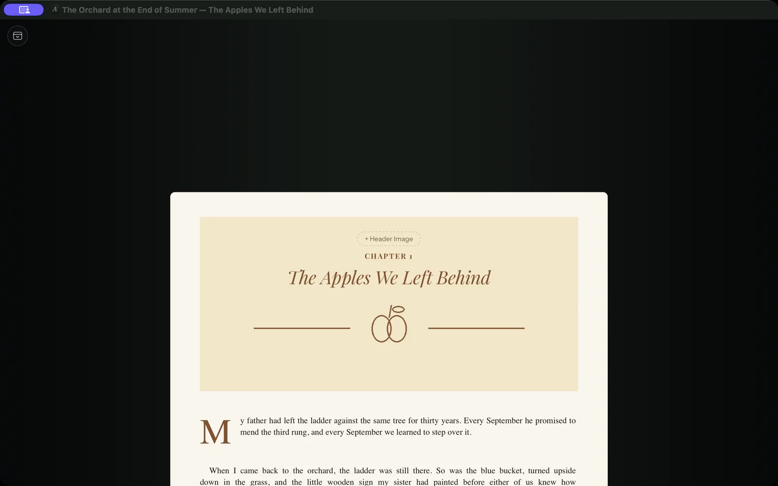 Alhora's Focus view: a single manuscript page centred on a dark background with all panels hidden.