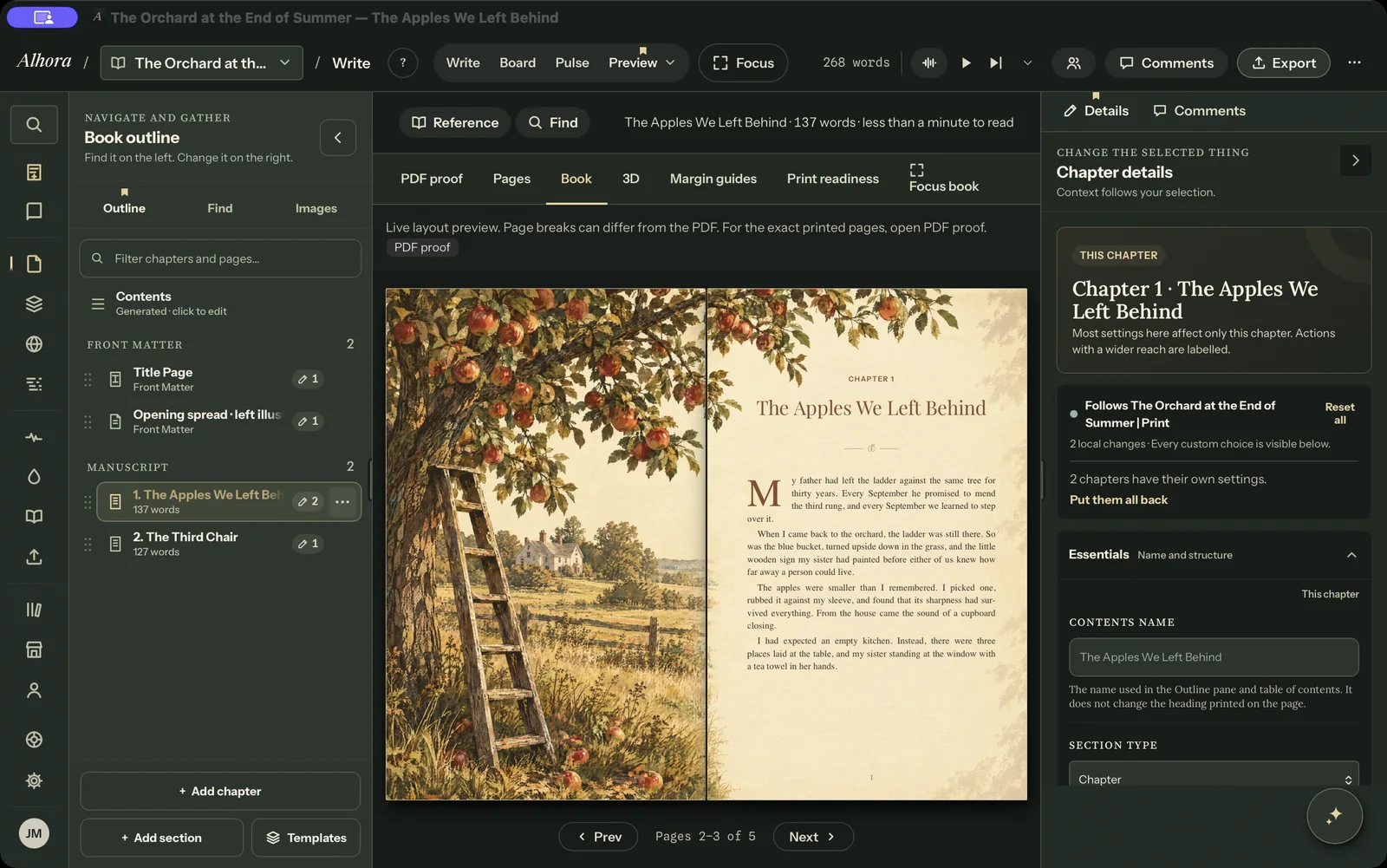 The Alhora desktop app's Book preview: a two-page spread of an orchard illustration and a chapter opening, with the outline on the left and chapter details on the right.
