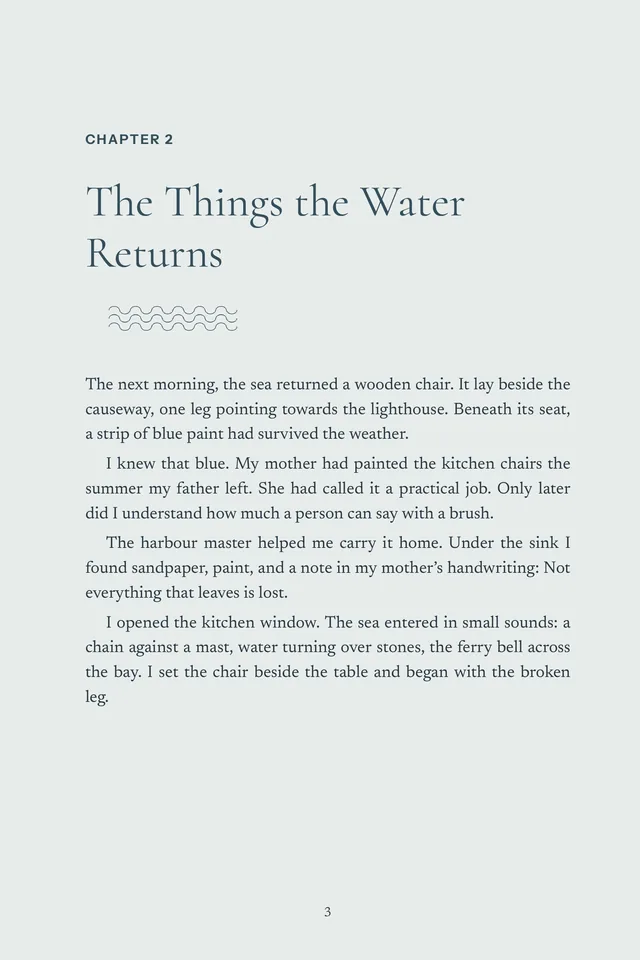 A chapter opening, ‘The Things the Water Returns’, with a wave ornament on a pale grey-blue page.